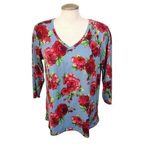 The Pioneer Woman Size M Classic Blue Red Floral Print Top Blouse Stretch Soft